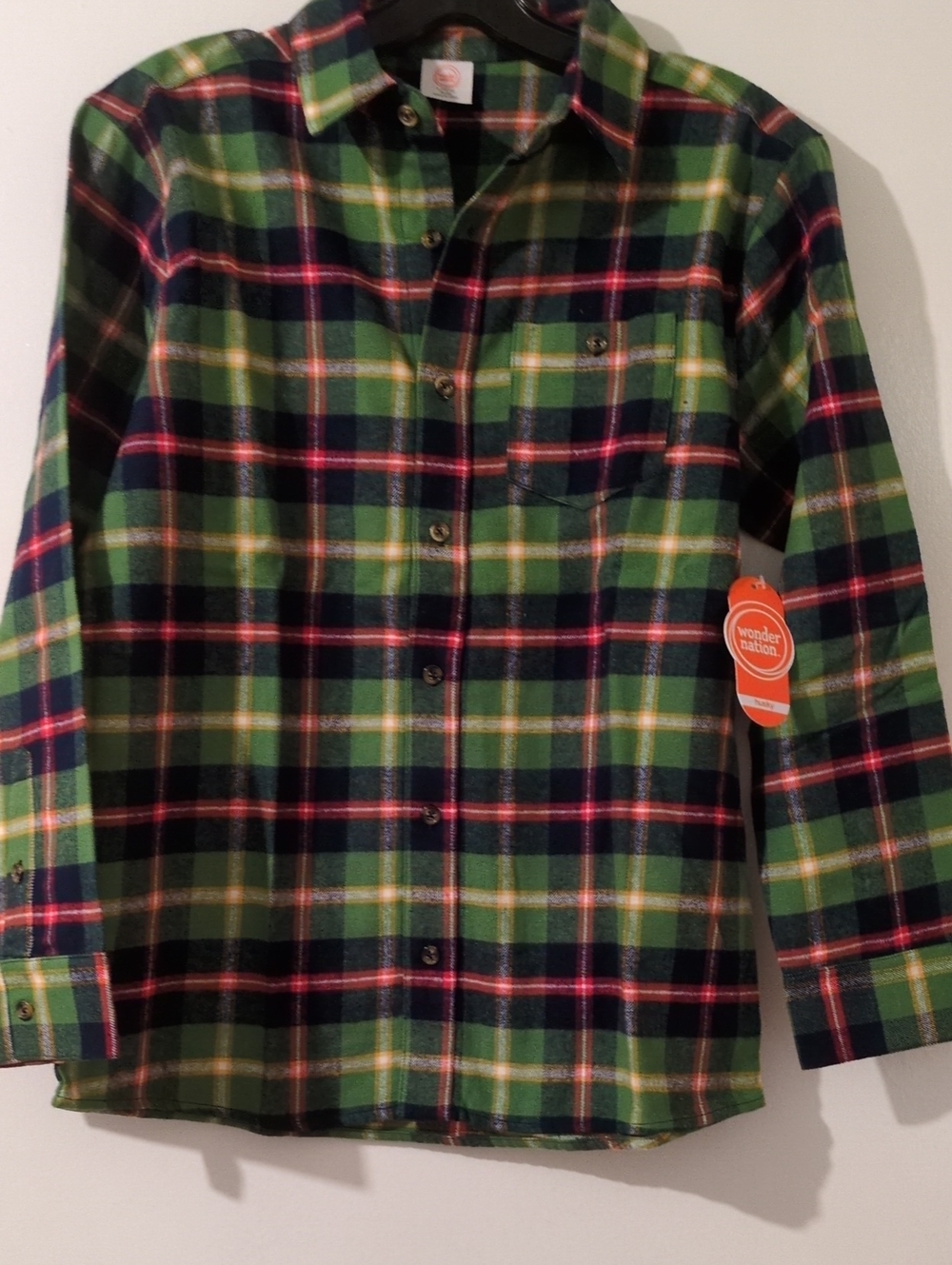 Wonder Nation Boys' Green Plaid Button-Down Shirt with Navy & Pink Stripes L